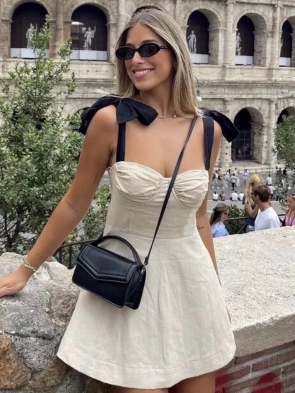 Zara Cream Mini Ruffle Dress with Black Tie-Straps - Picture 4 of 4